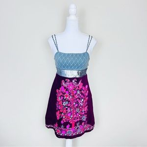 Free People Smocked Grey & Magenta Tree Of Life Beaded Mixed Media Mini Dress